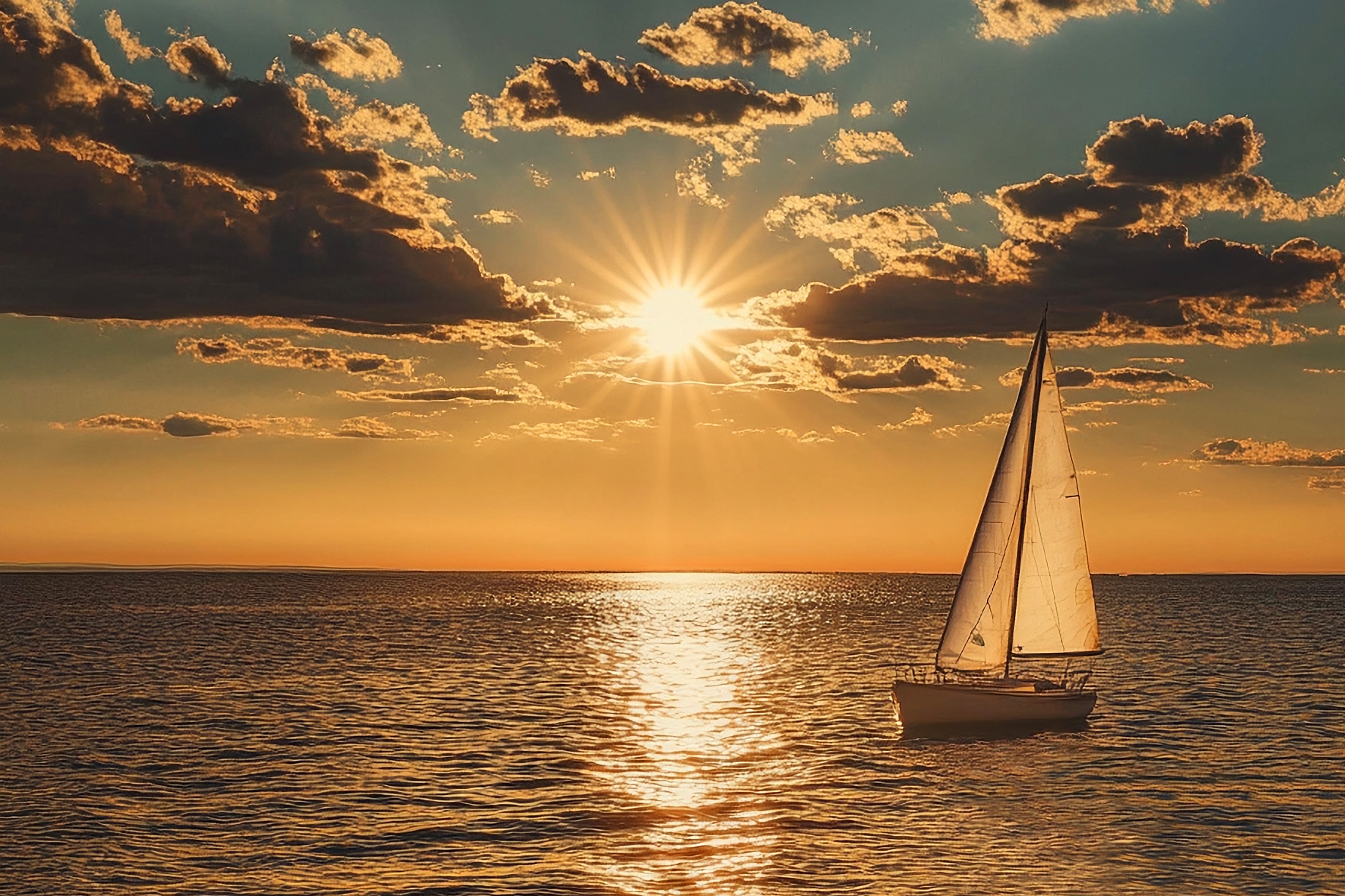 Sailing boat on the sea at sunset.